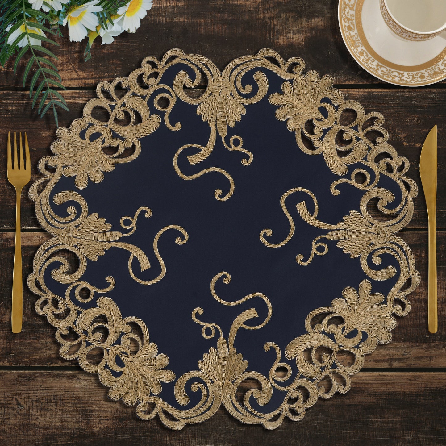 Round Placemats – Vintage Style Linen Doilies with Blue Lace Embroidery, 15 Inch
