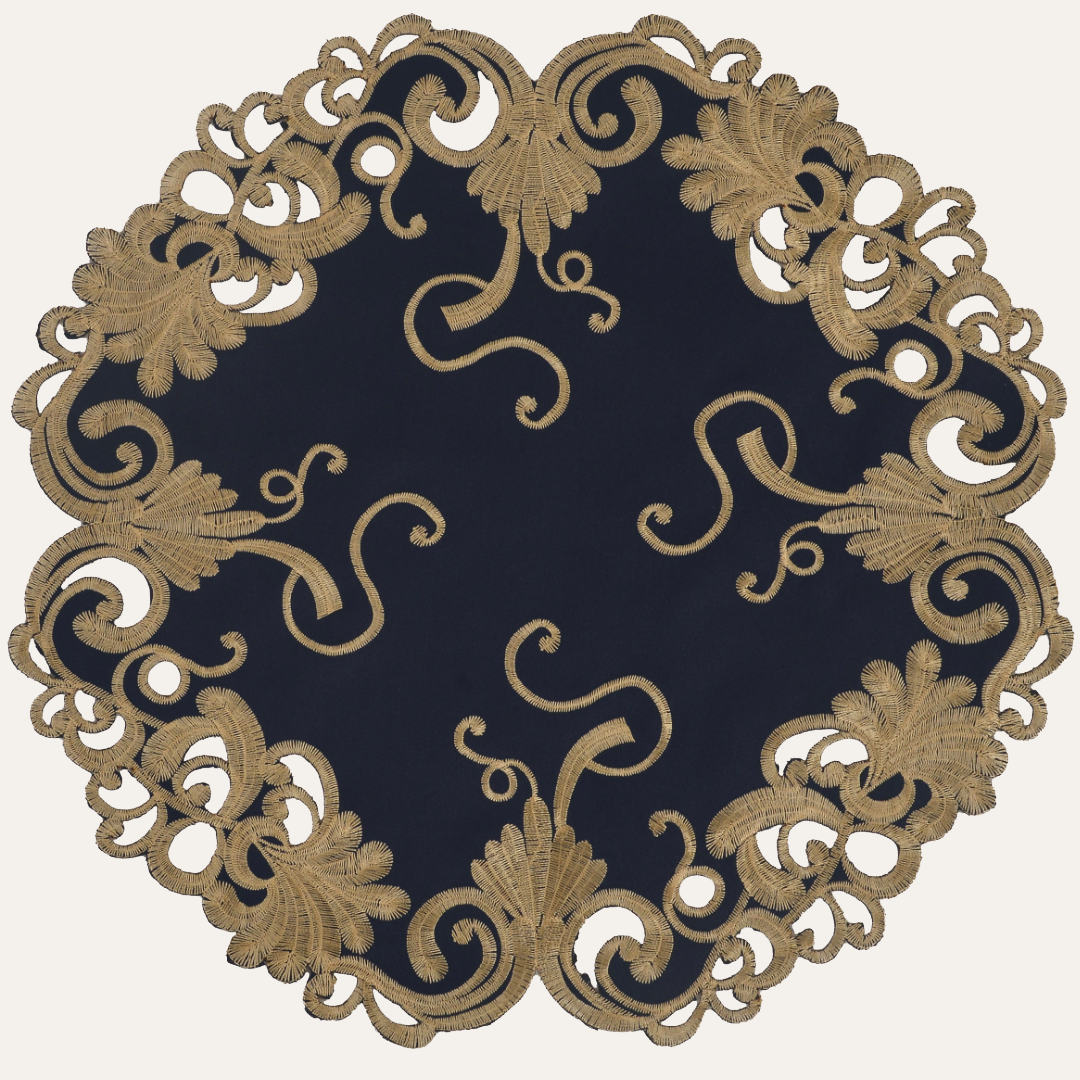 Round Placemats – Vintage Style Linen Doilies with Blue Lace Embroidery, 15 Inch
