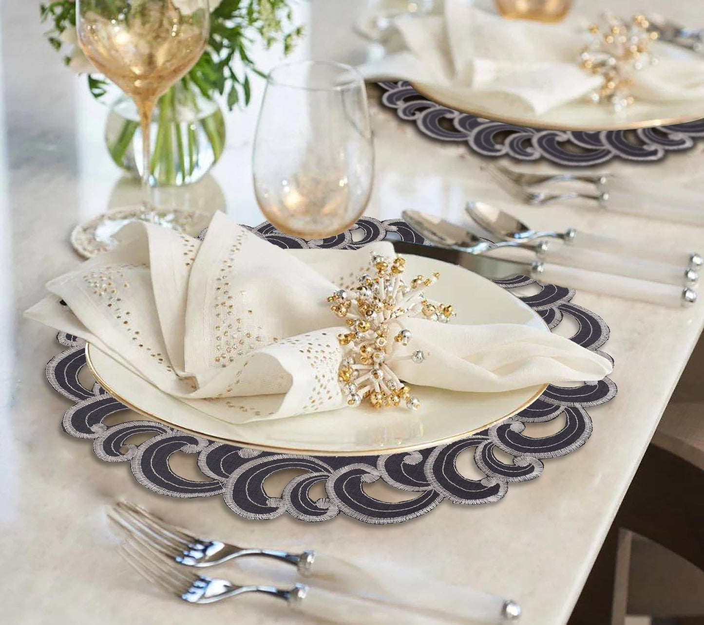 Charcoal Gray Doilies – 15 Inch Round Placemats | Linen Embroidered Table Decor