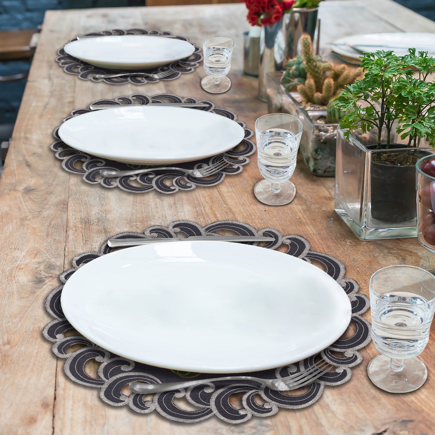 Charcoal Gray Doilies – 15 Inch Round Placemats | Linen Embroidered Table Decor