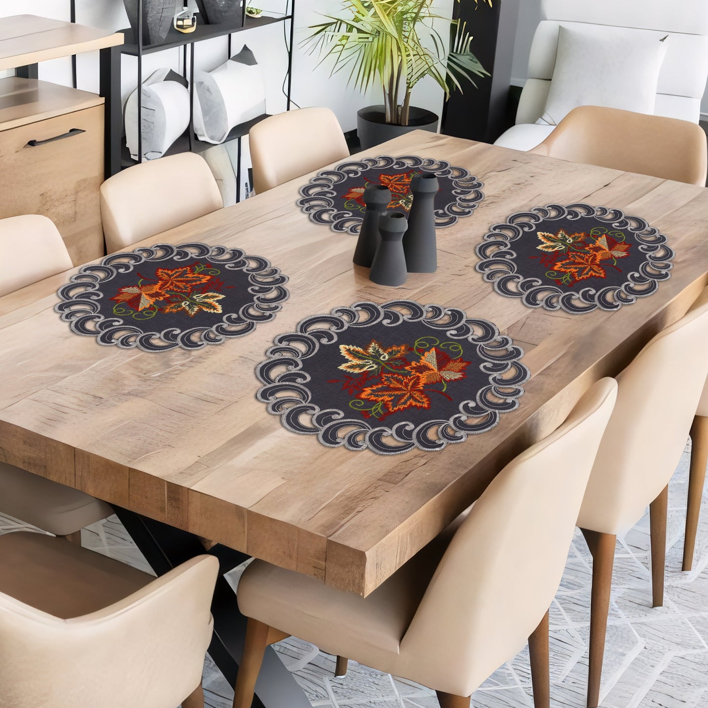 Charcoal Gray Doilies – 15 Inch Round Placemats | Linen Embroidered Table Decor