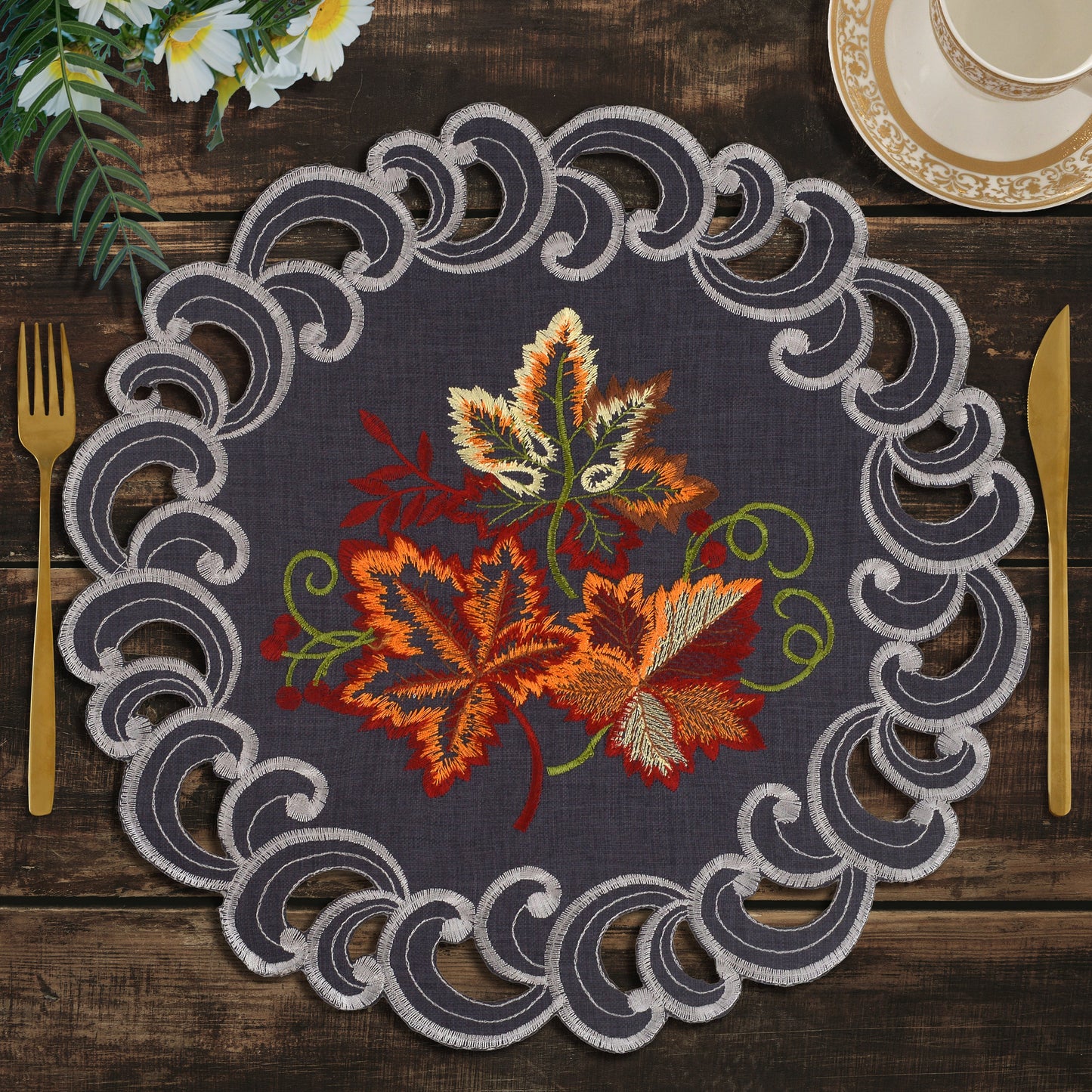 Charcoal Gray Doilies – 15 Inch Round Placemats | Linen Embroidered Table Decor