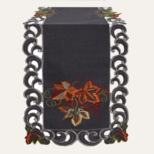 Charcoal Gray Table Runner – Embroidered Fleur Collection, 14x108 Inch Polyester Accent