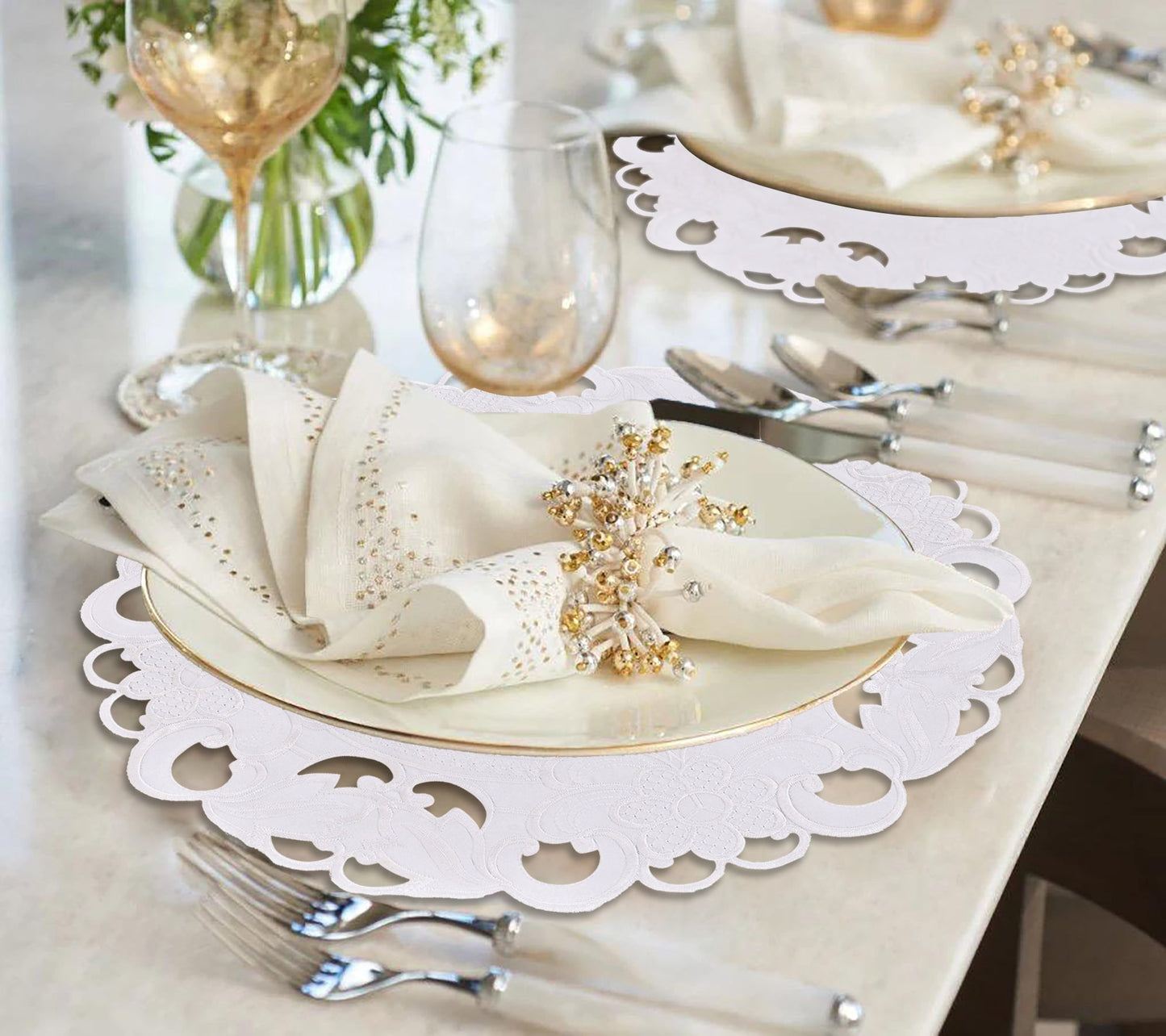 Round Linen Placemats – Elegant 15 Inch Embroidered Doilies for Dining Table Decor