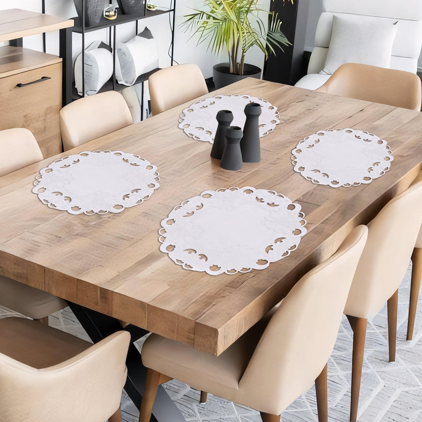 Round Linen Placemats – Elegant 15 Inch Embroidered Doilies for Dining Table Decor