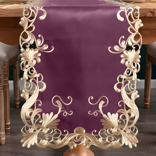 Purple Table Runner – Embroidered Floral Pattern, 14x108 Inch Elegant Linen