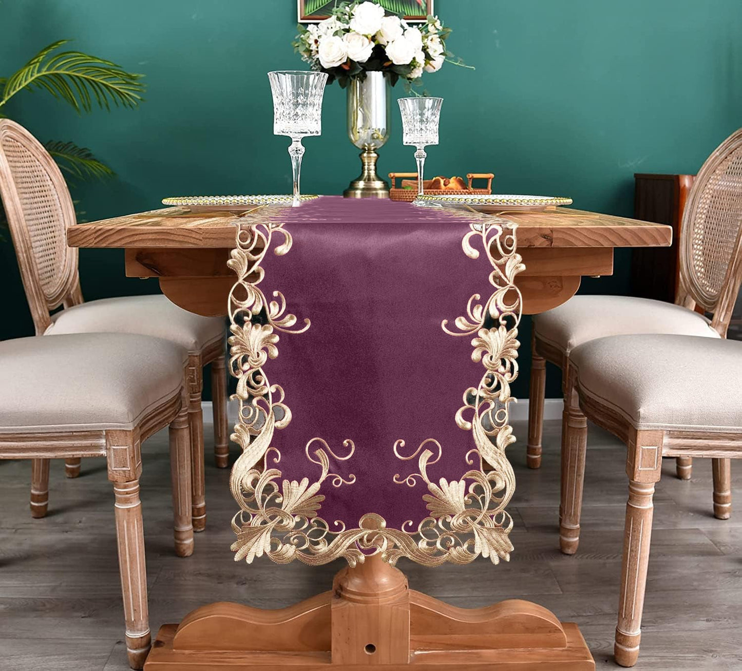 Purple Table Runner – Embroidered Floral Pattern, 14x108 Inch Elegant Linen