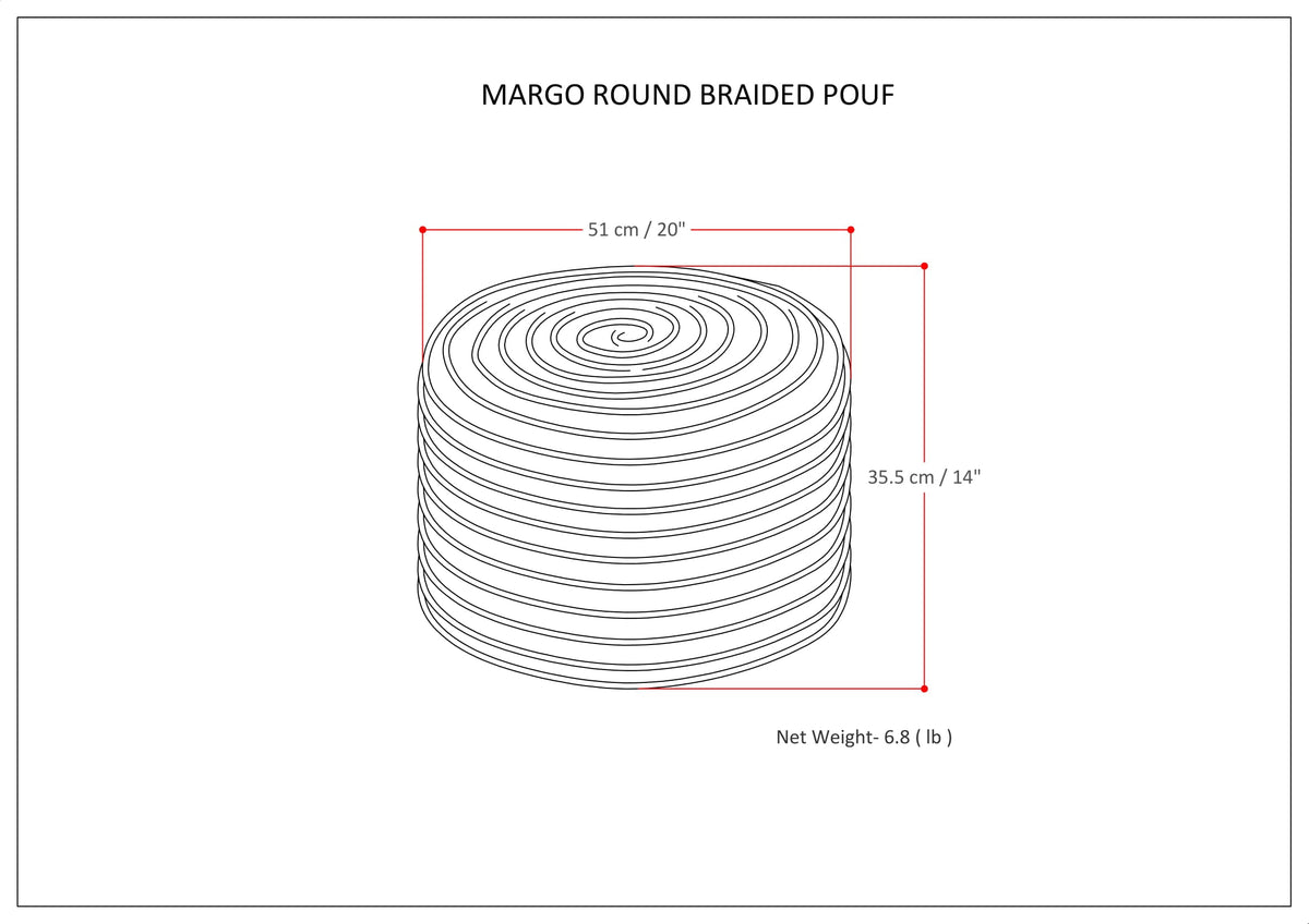 Margo 20 Inch Wide Round Pouf in Multi-Color Handwoven Jute and Cotton