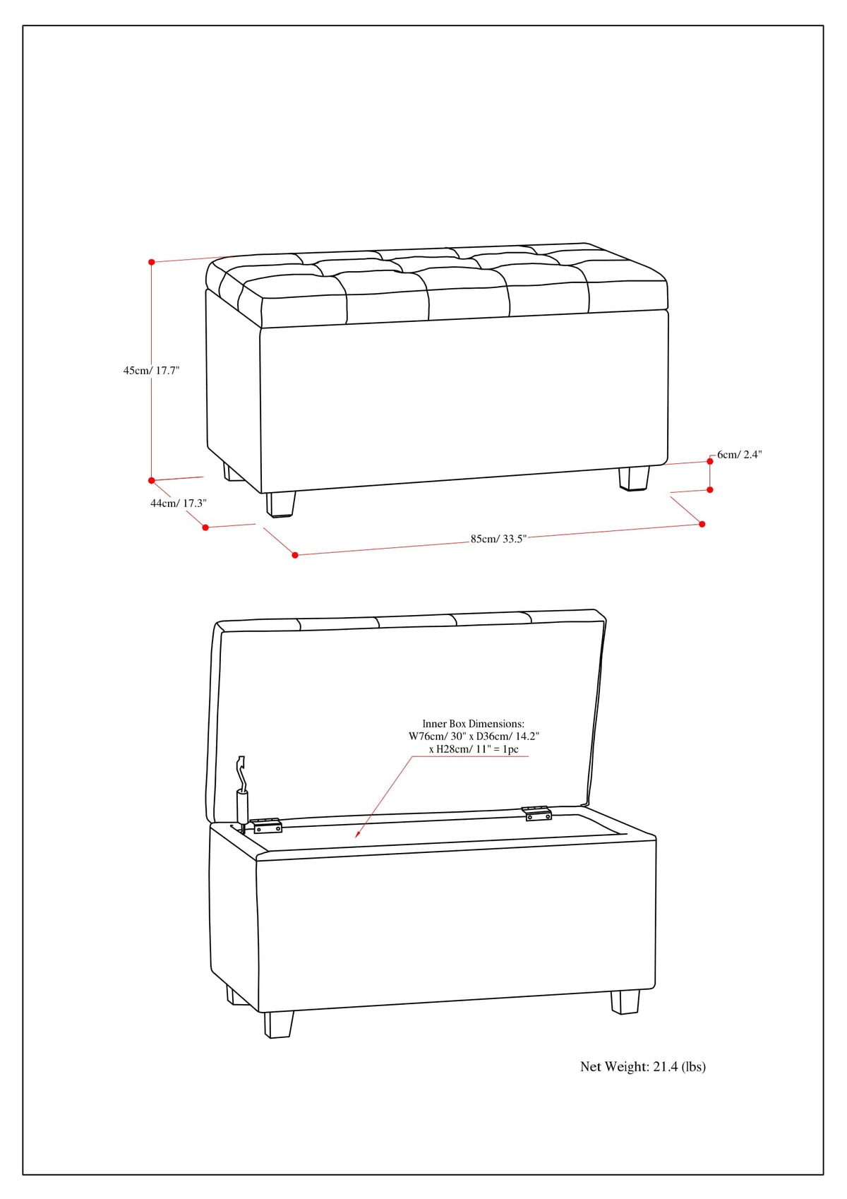 Cosmopolitan 34 Inch Wide Storage Ottoman in Stone
