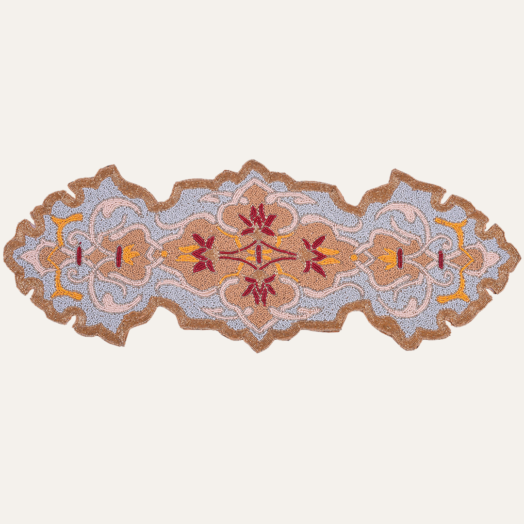 Beaded Table Runner - Embroidered Satin Fabric With Glass Bead Decor, Scratch Resistant