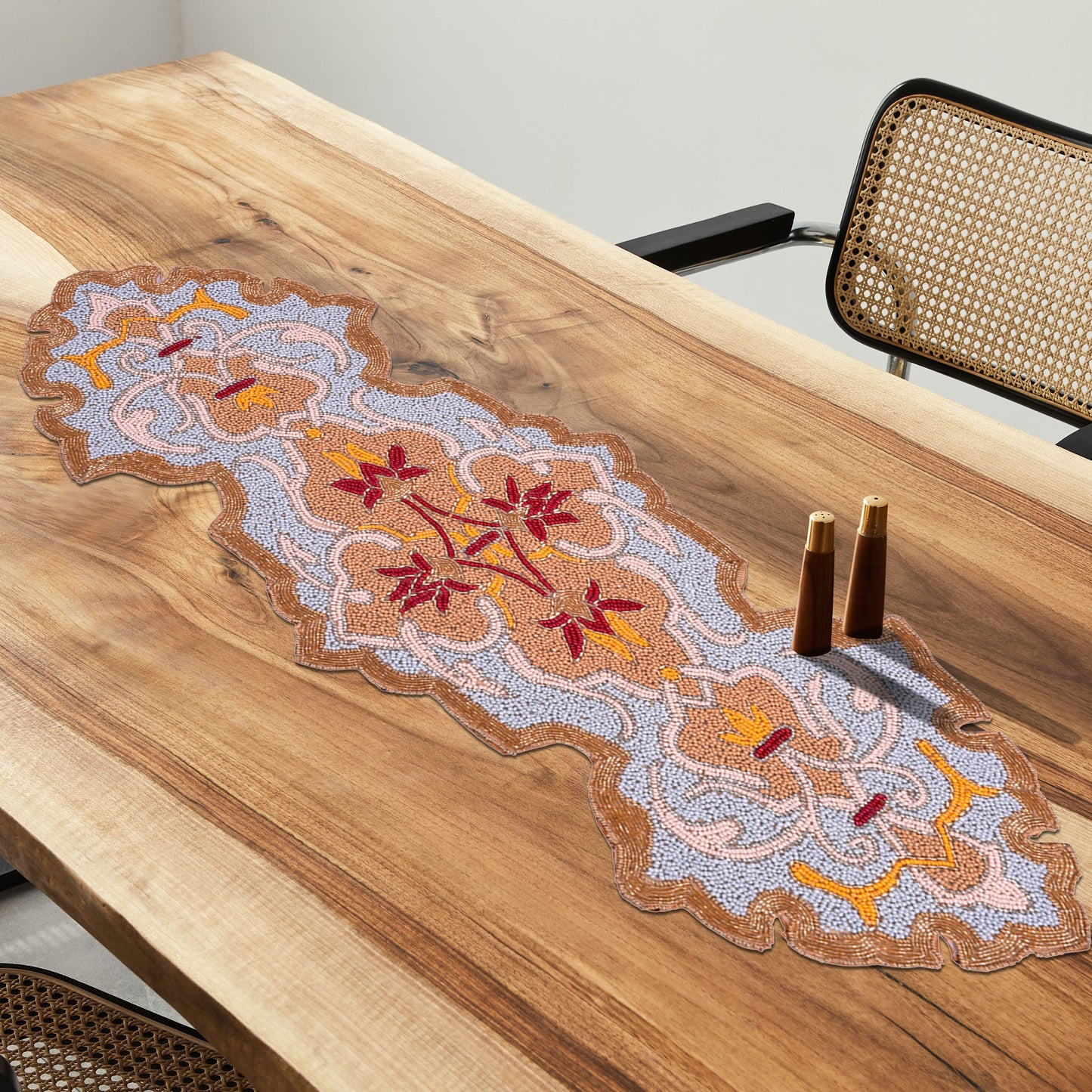 Beaded Table Runner - Embroidered Satin Fabric With Glass Bead Decor, Scratch Resistant
