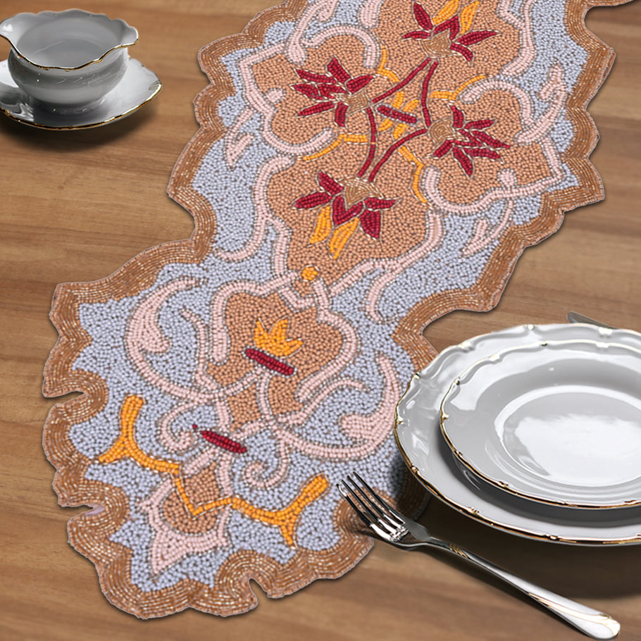 Beaded Table Runner - Embroidered Satin Fabric With Glass Bead Decor, Scratch Resistant