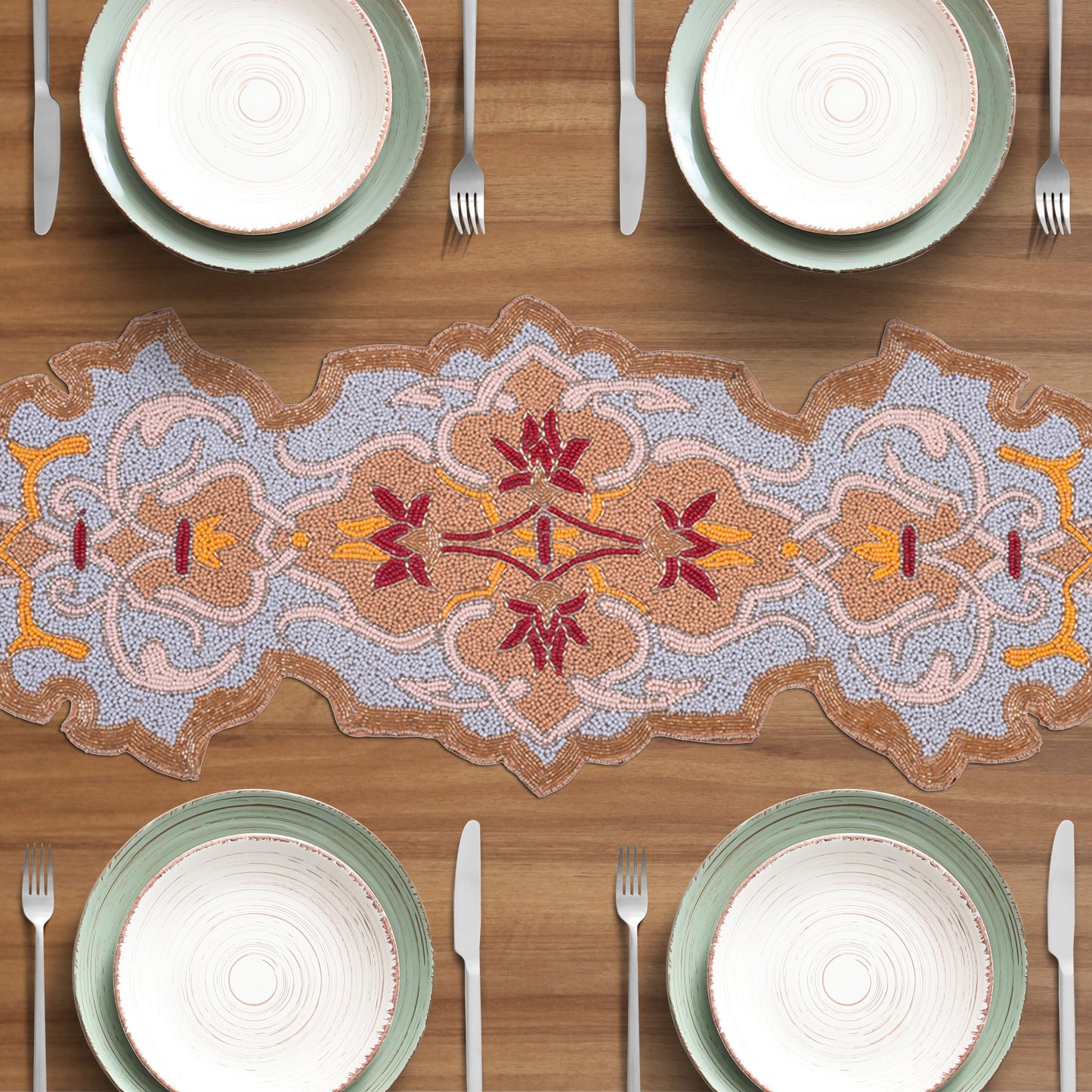 Beaded Table Runner - Embroidered Satin Fabric With Glass Bead Decor, Scratch Resistant