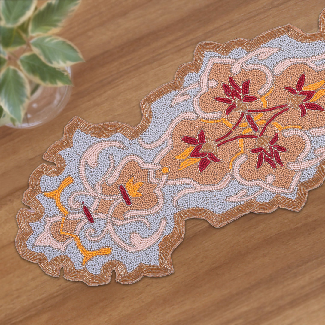 Beaded Table Runner - Embroidered Satin Fabric With Glass Bead Decor, Scratch Resistant