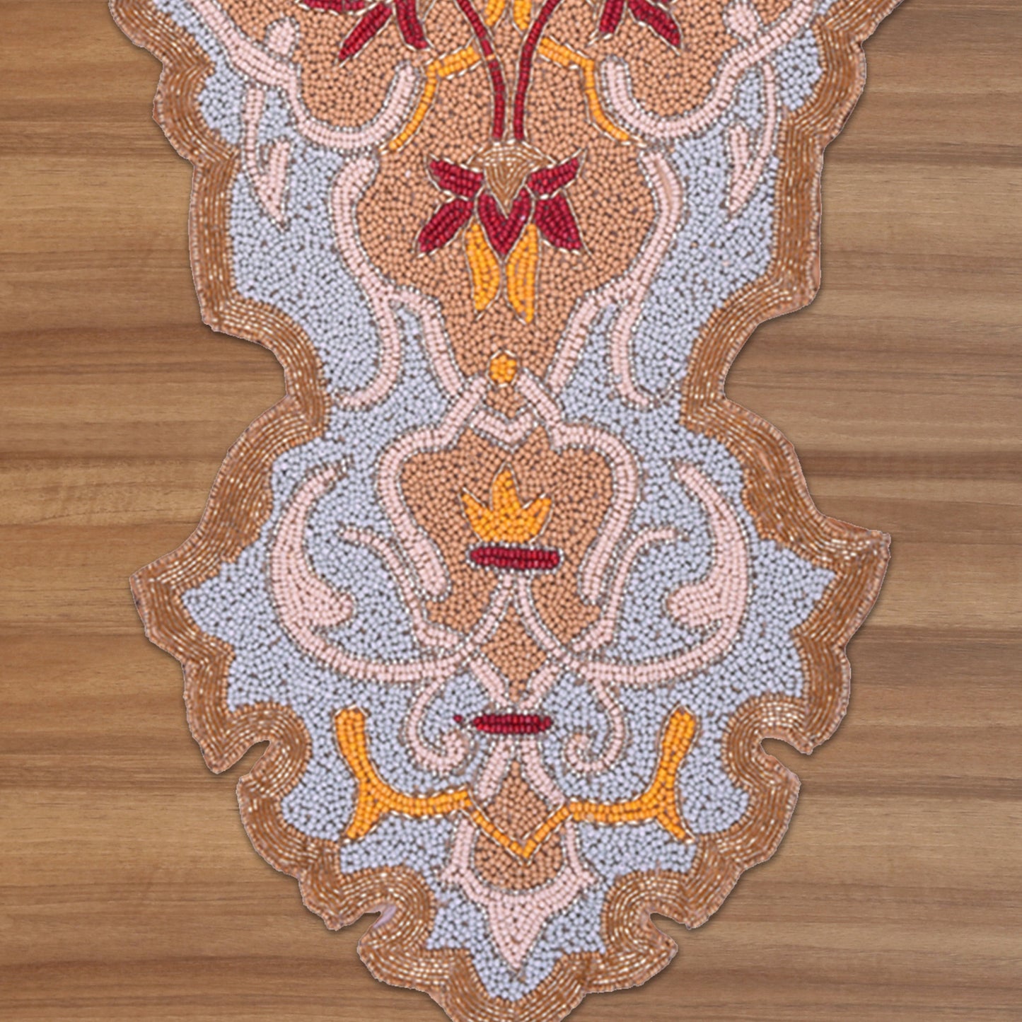 Beaded Table Runner - Embroidered Satin Fabric With Glass Bead Decor, Scratch Resistant