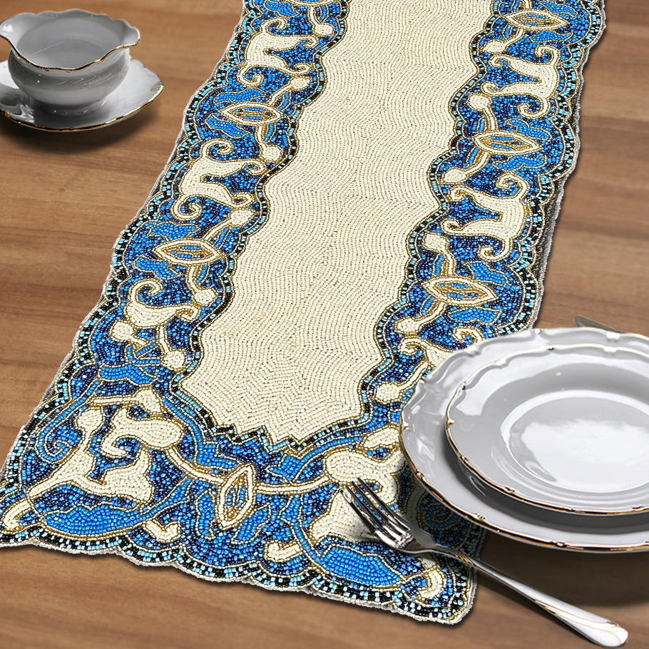 Beaded Table Runner - White Blue Satin Backing | Embroidered Glass Bead Decor