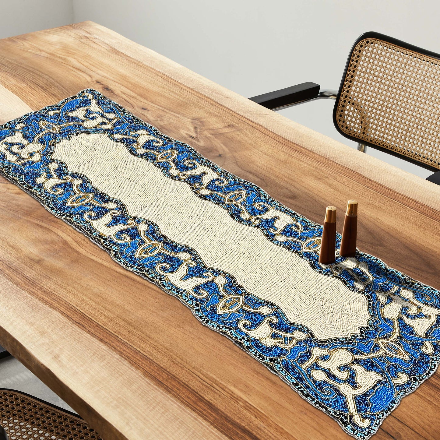 Beaded Table Runner - White Blue Satin Backing, Scratch Resistant Dining Decor