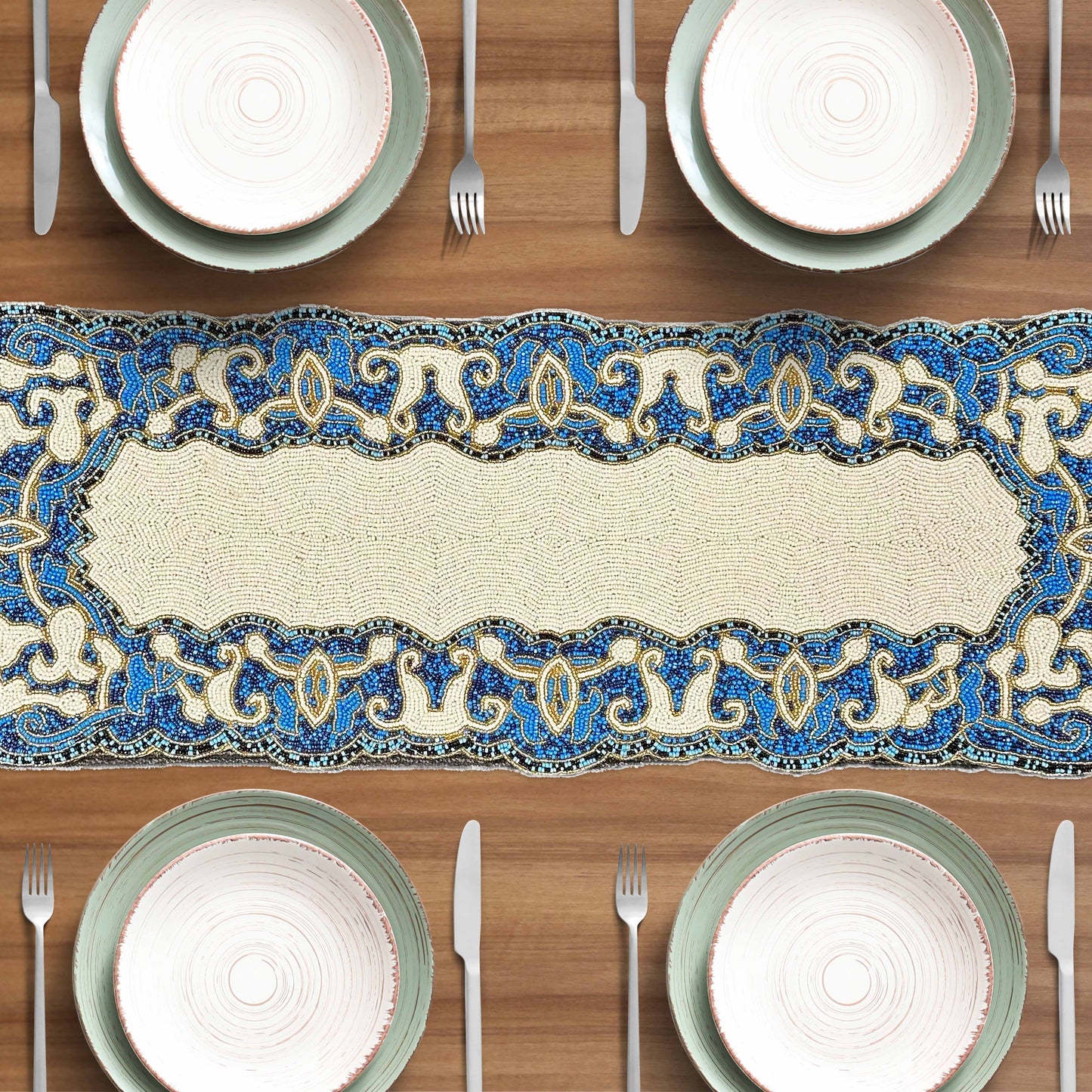 Beaded Table Runner - White Blue Satin Backing, Scratch Resistant Dining Decor