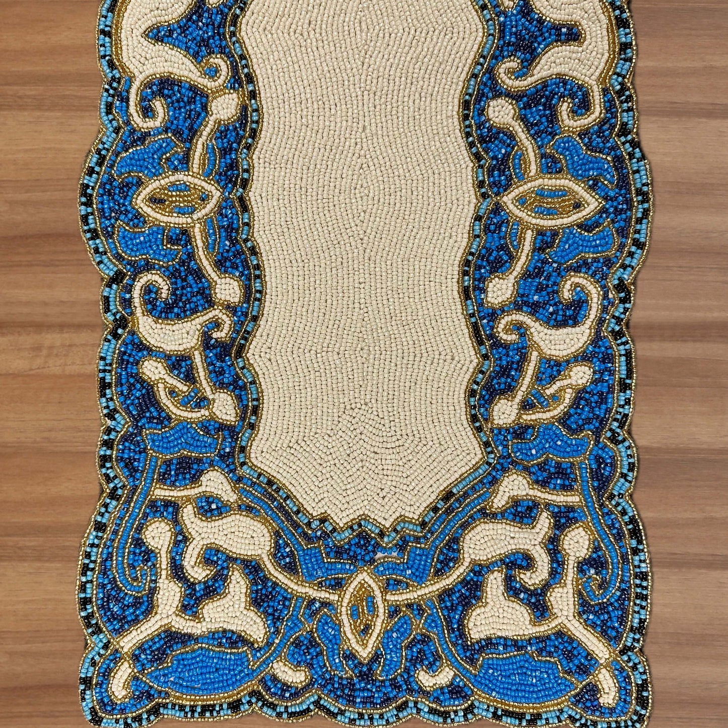 Beaded Table Runner - White Blue Satin Backing, Scratch Resistant Dining Decor