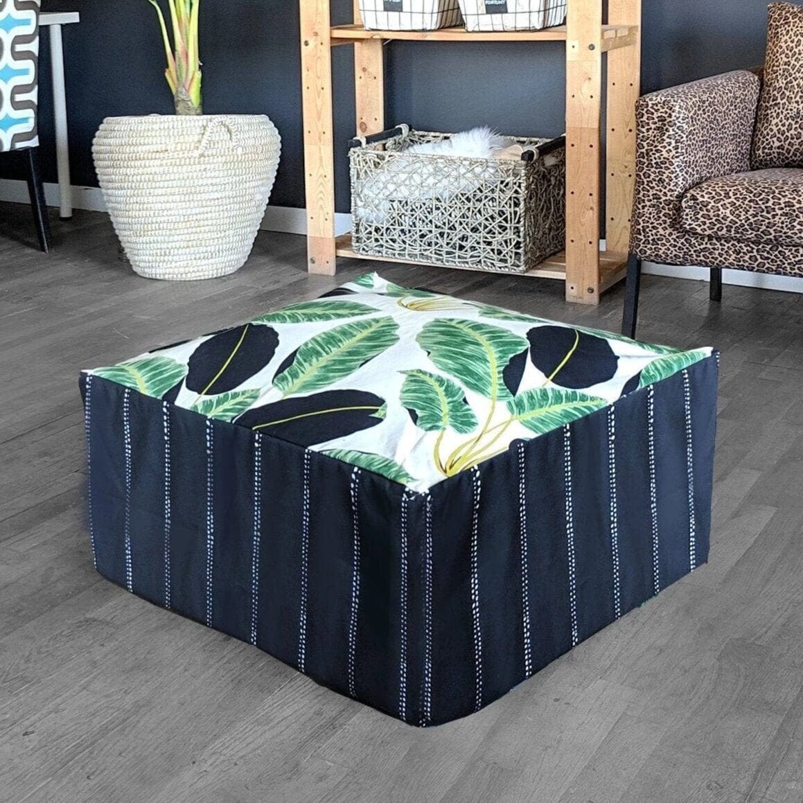 SALE Bean Bag Pouf Cover, Black Pinstripe, Tropical Palm Leaves
