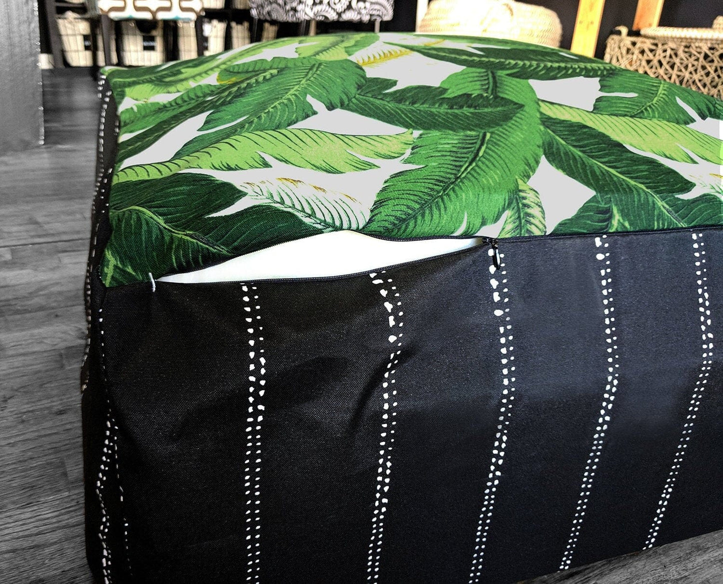 SALE Bean Bag Pouf Cover, Black Pinstripe, Tropical Palm Leaves