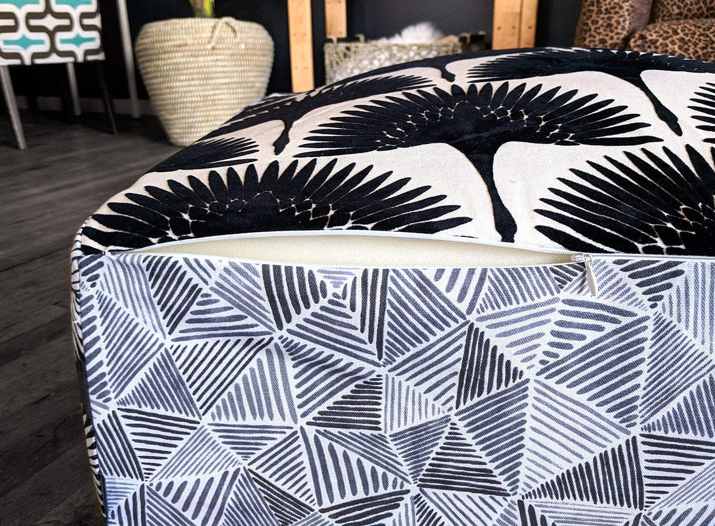 SALE Bean Bag Pouf Cover, Ottoman, Neutral Tones, Velvet Fan Print