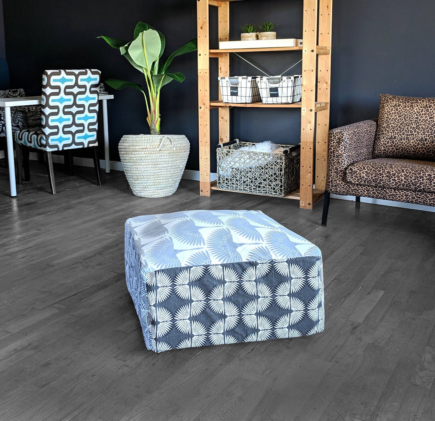 SALE Bean Bag Pouf Cover, Ottoman, Neutral Tones, Velvet Fan Print