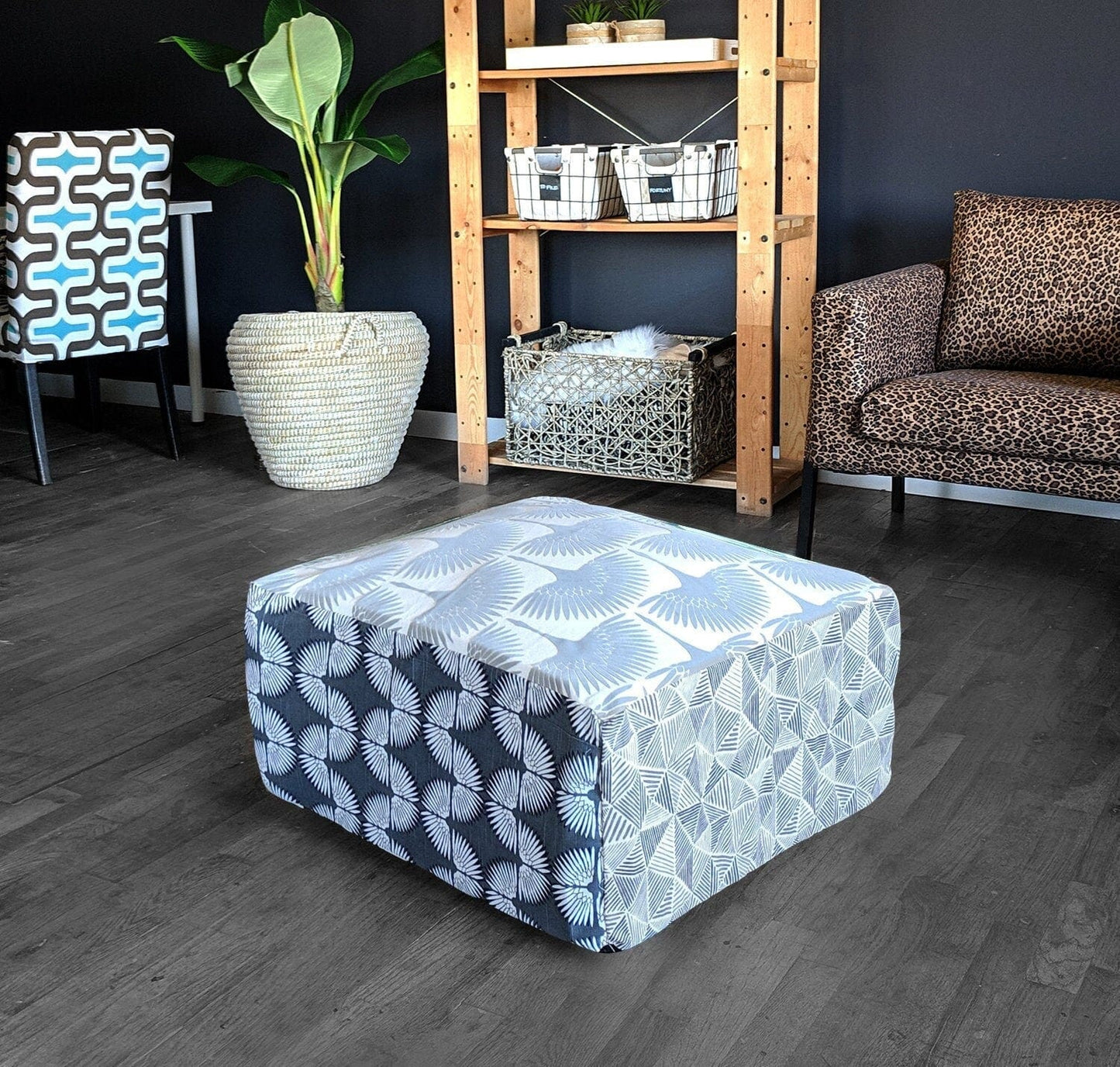 SALE Bean Bag Pouf Cover, Ottoman, Neutral Tones, Velvet Fan Print