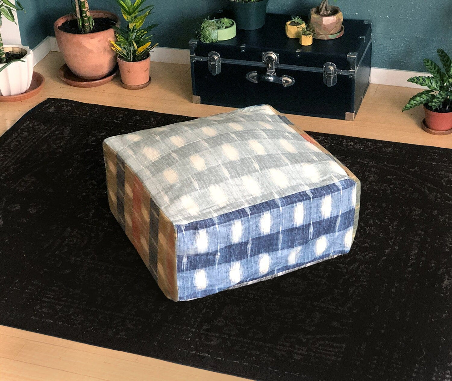 SALE Linen Plaid Check Bean Bag Pouf Cover, Ottoman Seat Cover