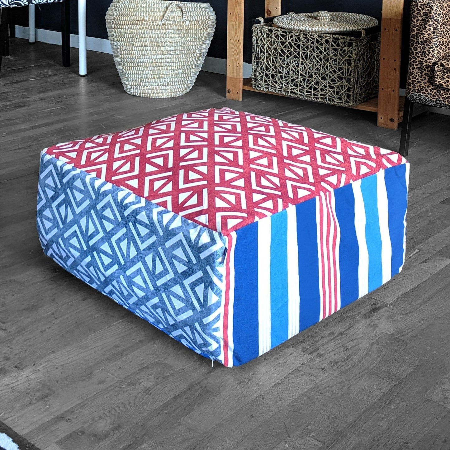 SALE Red White Blue Ottoman, Bean Bag Pouf Slip Cover