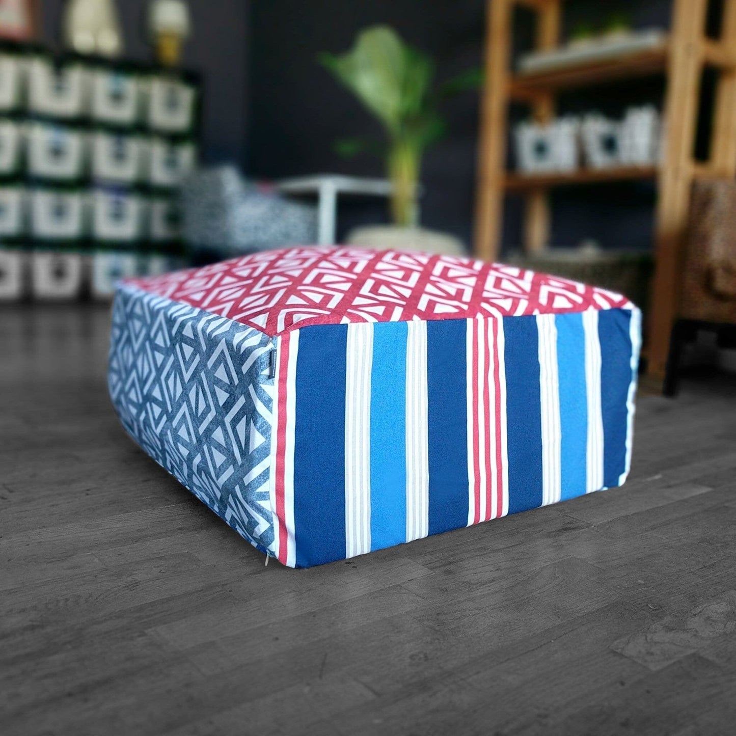 SALE Red White Blue Ottoman, Bean Bag Pouf Slip Cover