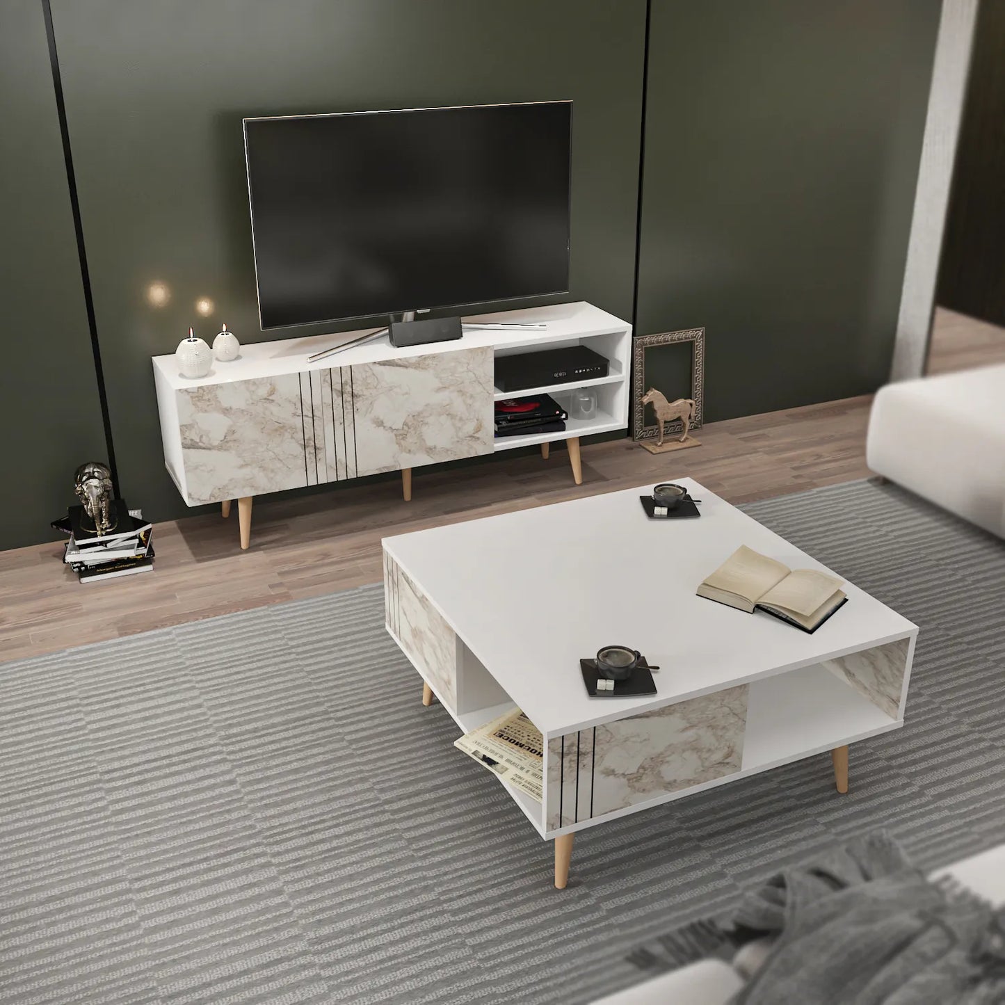Ronas 35 inch Wide Square Coffee Table with Open Shelf Storage | Cocktail Table