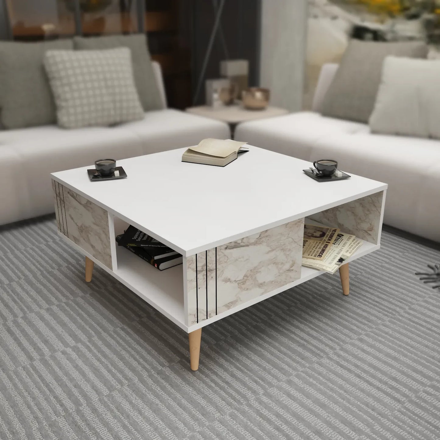 Ronas 35 inch Wide Square Coffee Table with Open Shelf Storage | Cocktail Table