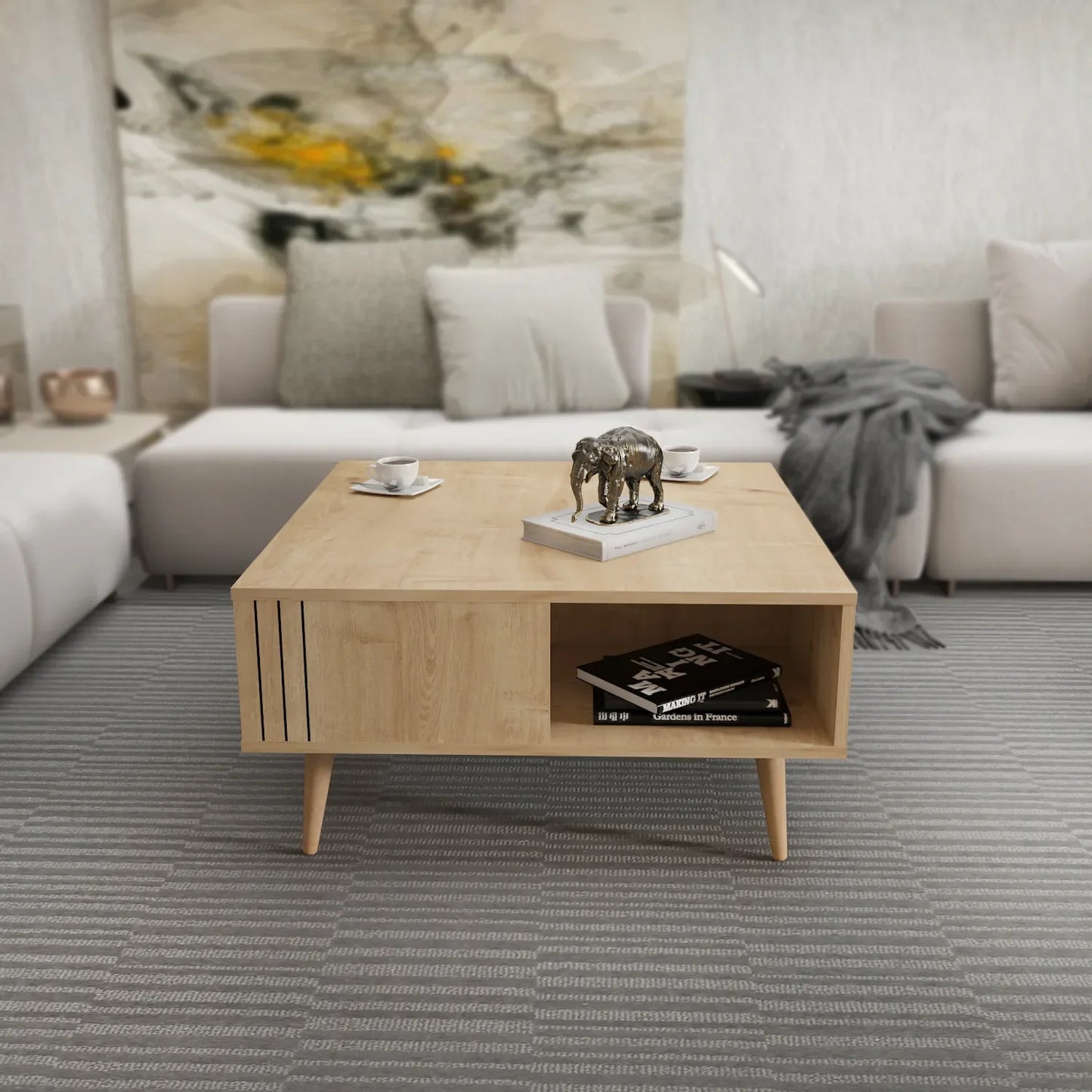 Ronas 35 inch Wide Square Coffee Table with Open Shelf Storage | Cocktail Table
