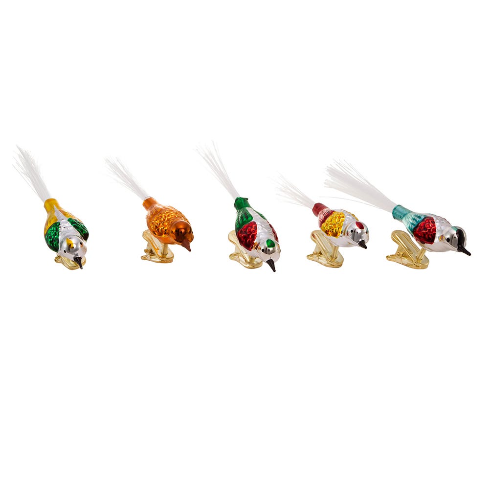 Colorful Glass Bird Clip-On Ornaments - 5 Piece Set
