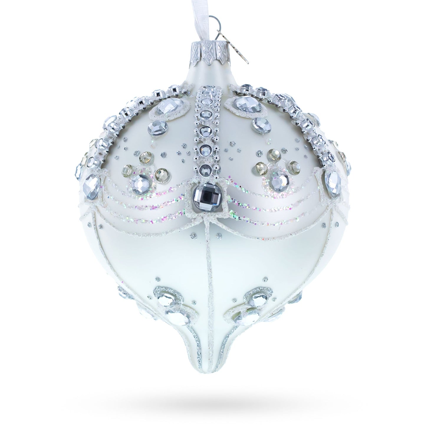 White Jewels on Silver Onion-Shape Finial Glass Ornament