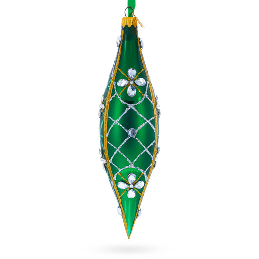 Emerald Jeweled Lattice Elongated Pointed Teardrop Finial Glass Christmas Ornament