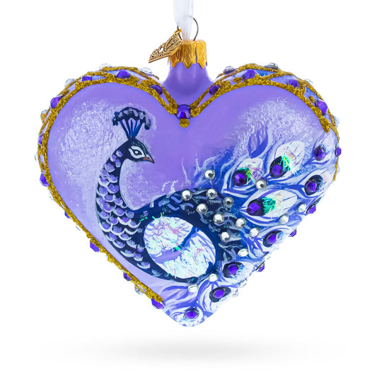 Royal Purple Peacock Heart Glass Ornament