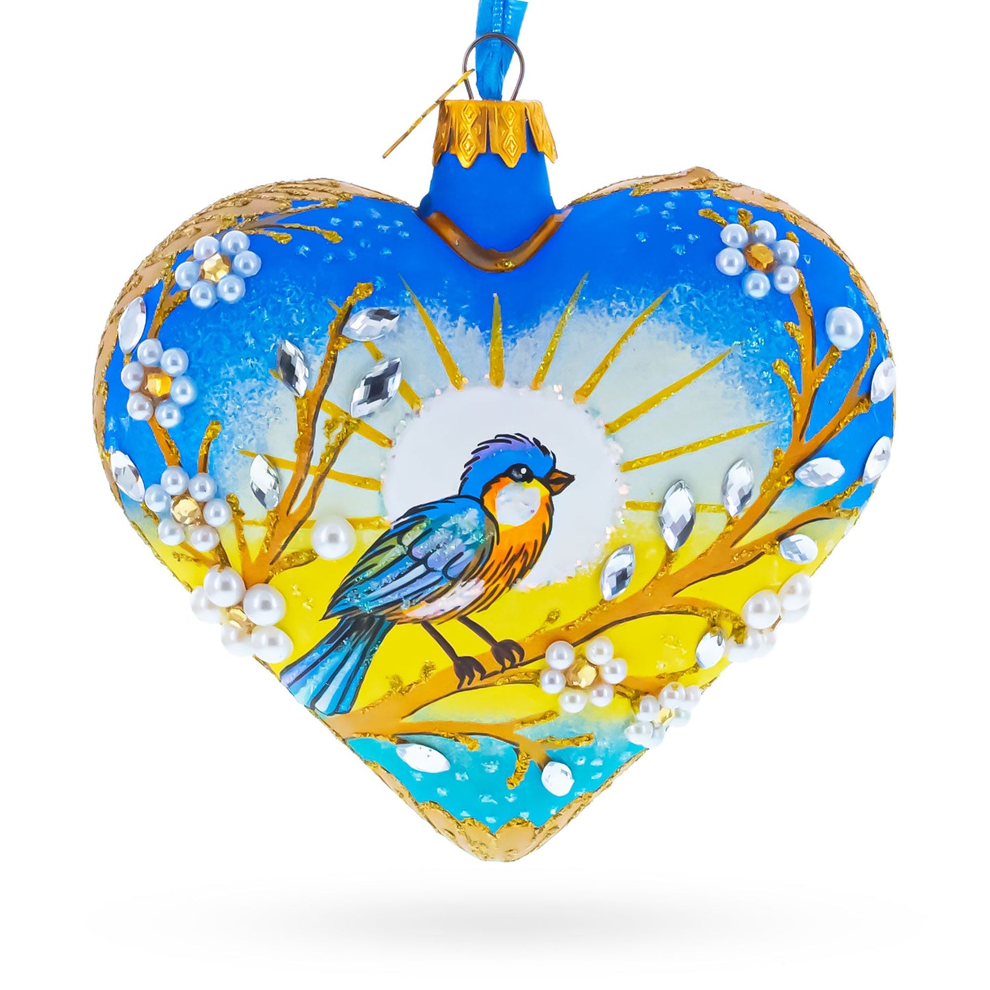 Golden Sunrise Bird Heart Glass Ornament