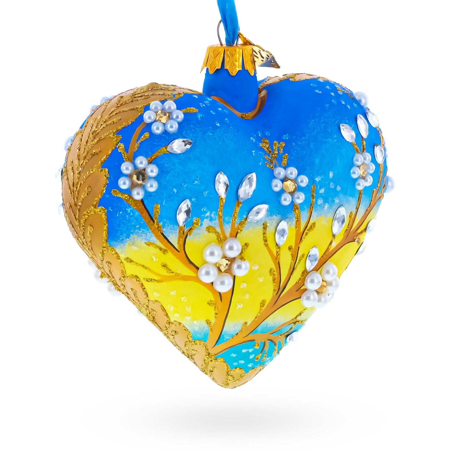 Golden Sunrise Bird Heart Glass Ornament