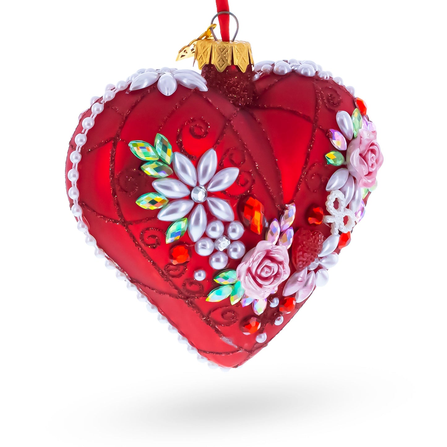 Pearl & Ruby Jeweled Heart Glass Ornament