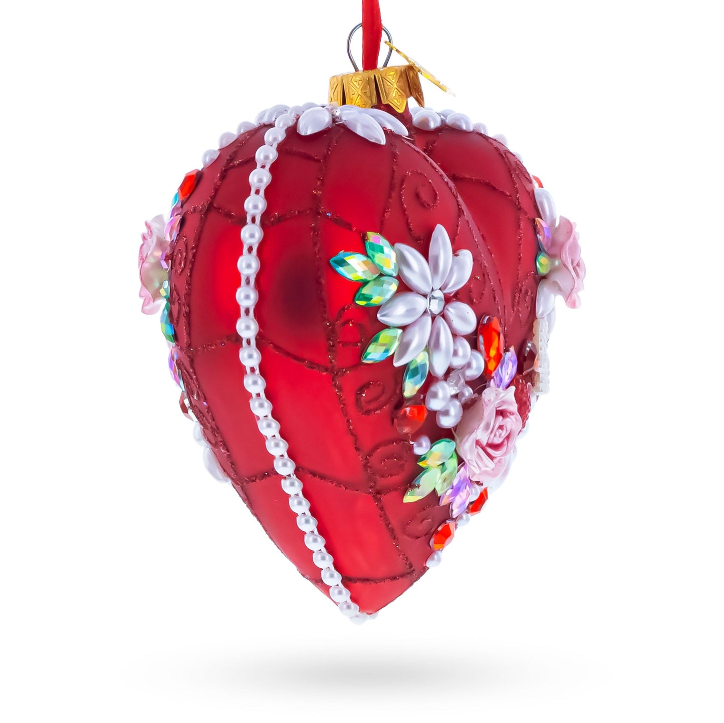 Pearl & Ruby Jeweled Heart Glass Ornament