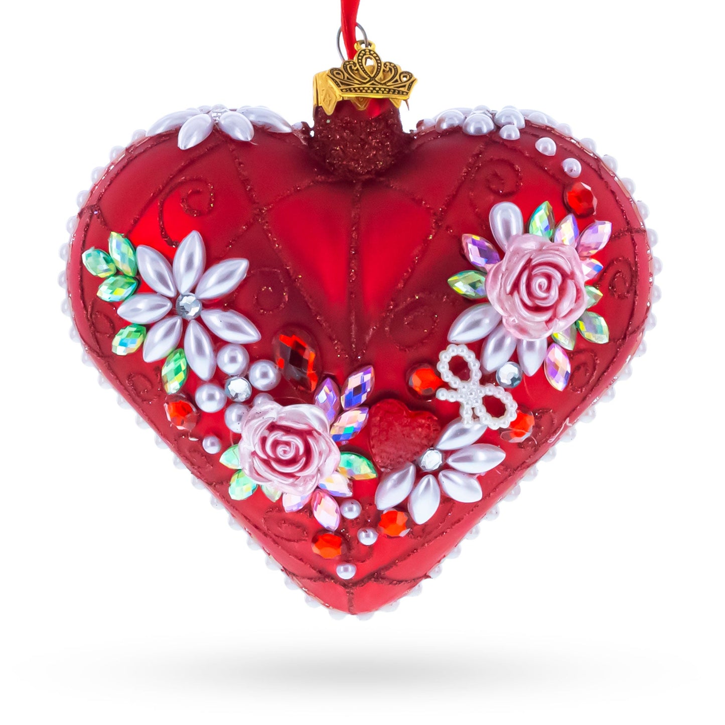 Pearl & Ruby Jeweled Heart Glass Ornament