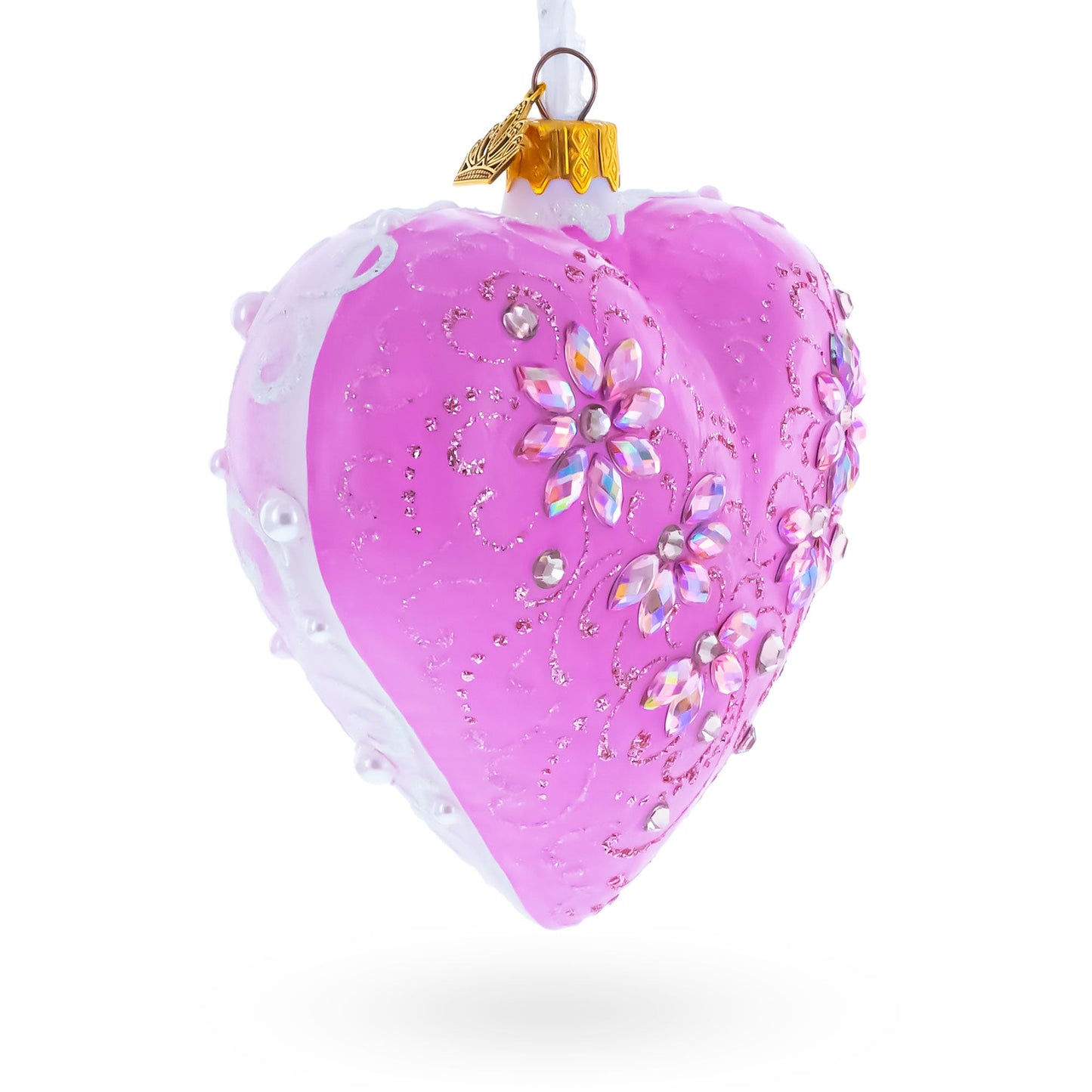 Pink Jeweled Blossom Glass Heart Ornament