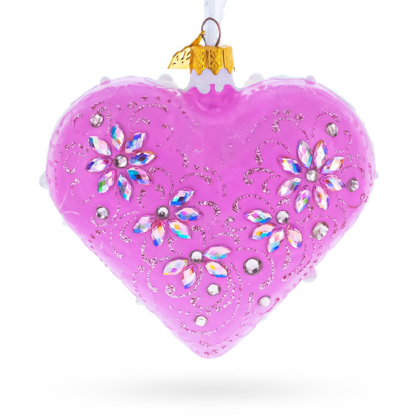 Pink Jeweled Blossom Glass Heart Ornament