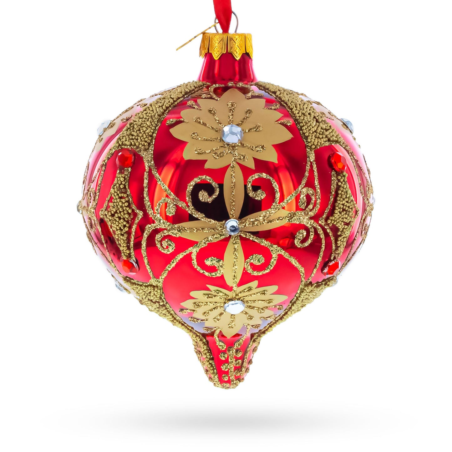 Regal Red & Gold Scrollwork Jeweled Onion-Shape Finial Glass Christmas Ornament