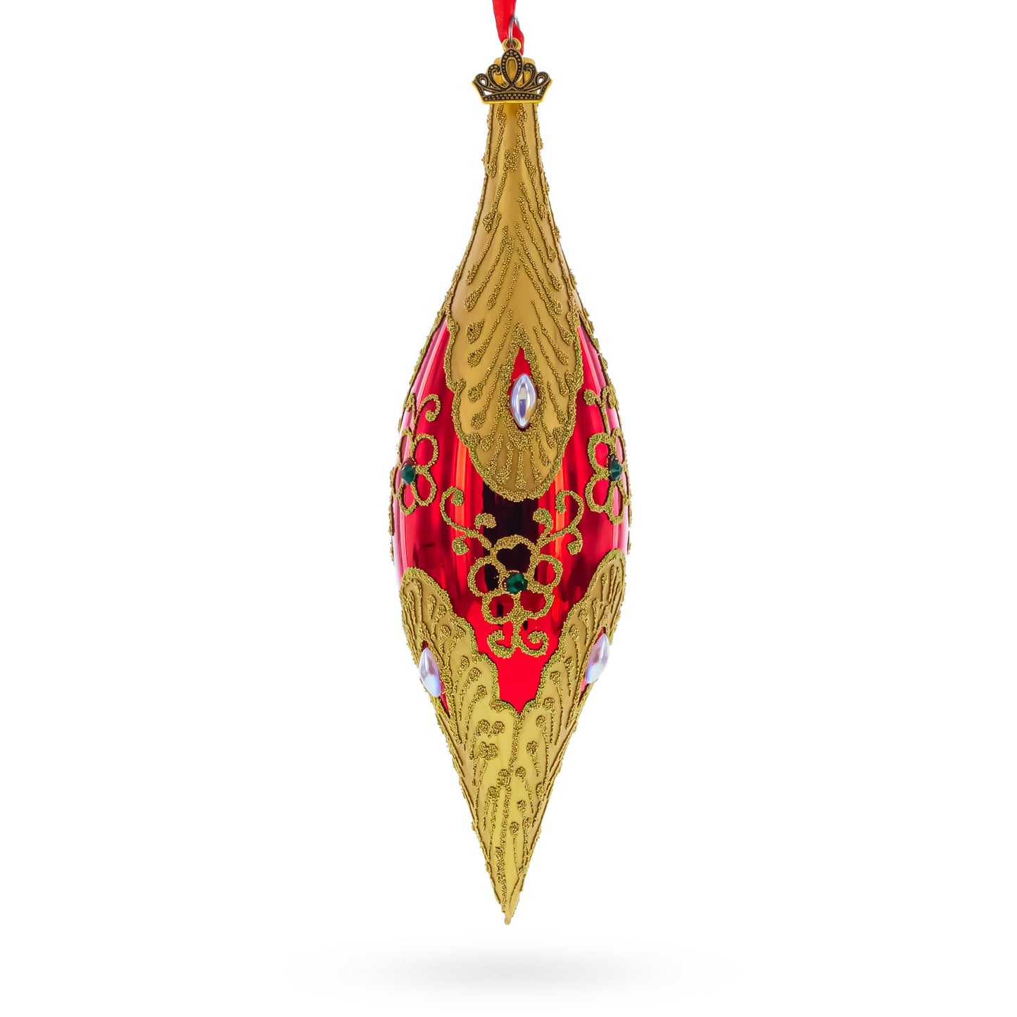 Gilded Petal & Pearl Elongated Pointed Teardrop Finial Glass Christmas Ornament