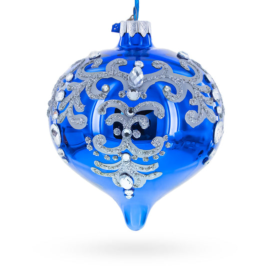 Blue Jeweled Silver Scroll Onion-Shape Finial Glass Christmas Ornament
