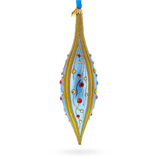 Blue and Gold Jeweled Vine Elongated Pointed Teardrop Finial Glass Christmas Ornament