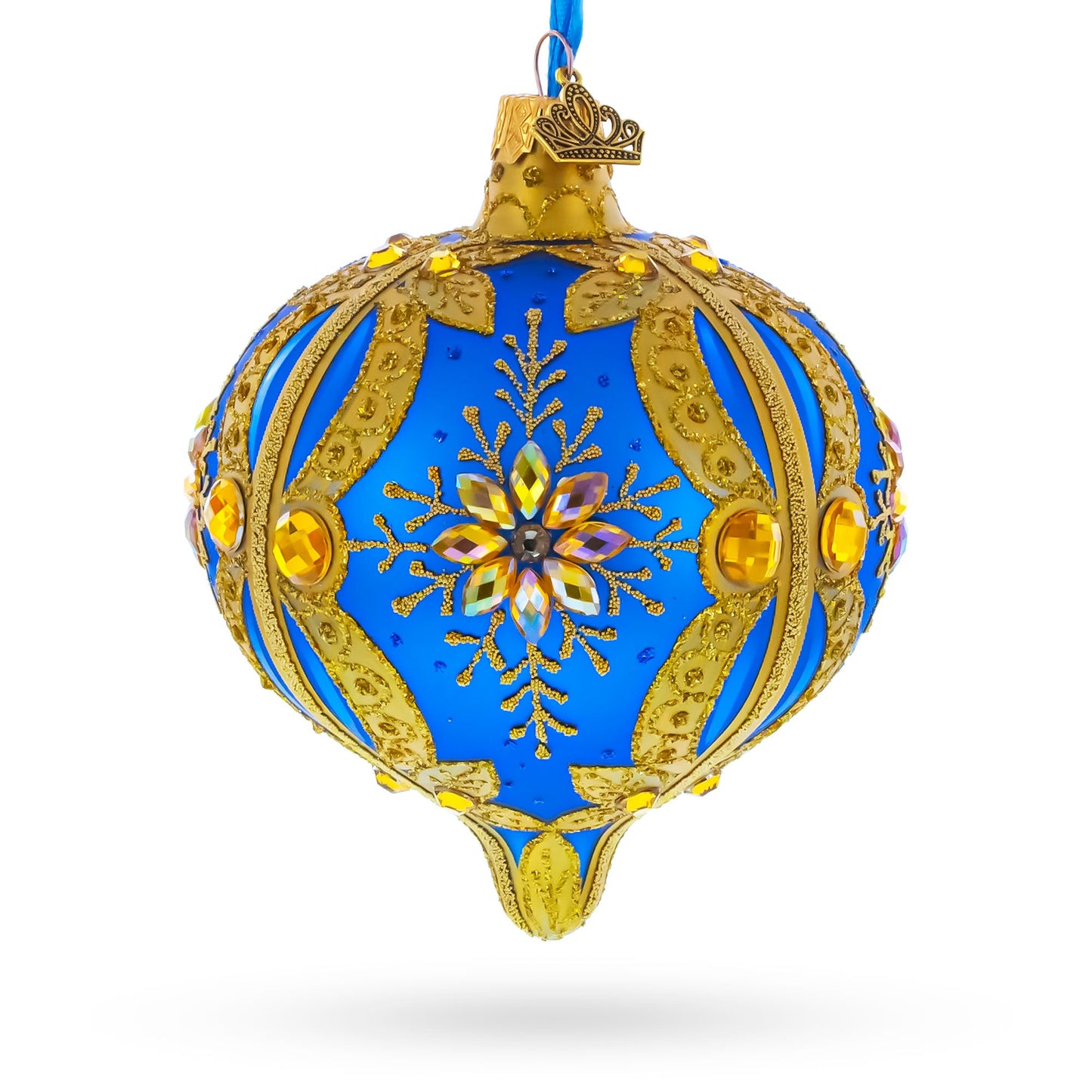 Blue and Gold Jeweled Floral Burst Onion-Shape Finial Glass Christmas Ornament